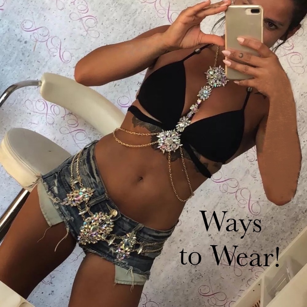 Boho Long Crystal Rhinestone Body Necklace Harness - Picture 13 of 16